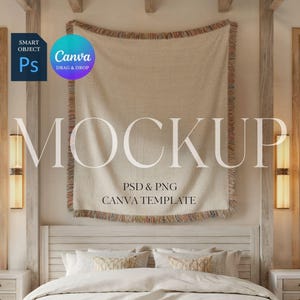 Woven Blanket Mockup, Woven Throw Blanket Mock Up, Print on Demand Woven Blanket Mockup, Photoshop Smart Object PSD, Canva Drag & Drop PNG image 1