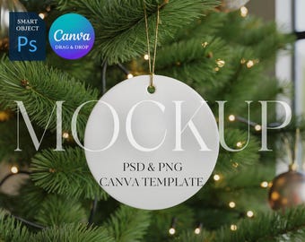 Christmas Ornament Mockup, Round Ceramic Ornament Mock Up, Print on Demand Ornament with Gold String, Photoshop Smart Object PSD, Canva PNG