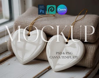 Heart Ornament Mockup, TWO Ornaments Mock Up, Multiple Heart-shaped Christmas Ornament Mockup, Photoshop PSD Photopea, Canva Template PNG