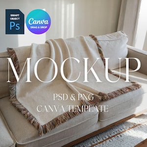 Woven Blanket Mockup, Woven Throw Blanket Mock Up, Print on Demand Woven Blanket Mockup, Photoshop Smart Object PSD, Canva Drag & Drop PNG