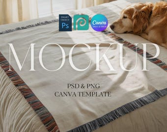 Dog Woven Blanket Mockup, Printify Woven Throw Blanket Mock Up for Pet, Photopea Photoshop Smart Object PSD, Canva Template Drag & Drop PNG