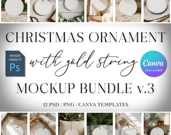 Christmas Ornament Mockup Bundle 4, Round Ceramic Ornament Mock Up, Print on Demand Ornament with Gold String, Holiday Mockups PSD Canva PNG