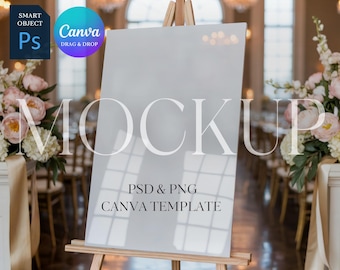 Acrylic Welcome Sign Mockup, Vertical Wedding Sign Mock Up, Easel Sign Mockup, Seating Chart Mockup, Photoshop Mockup Smart Object PSD PNG