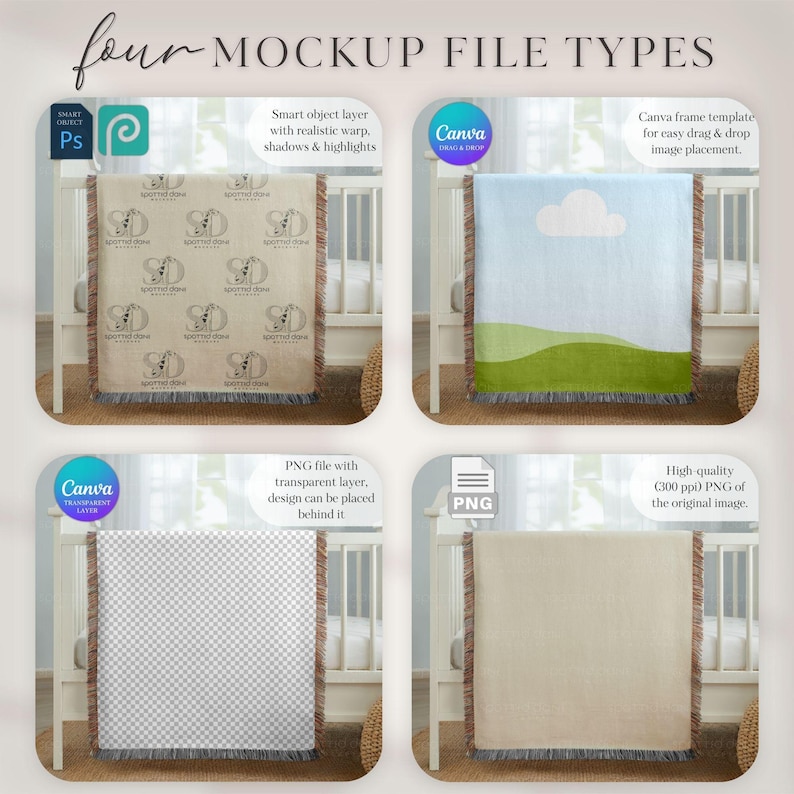Woven Blanket Mockup Bundle, Baby Nursery Mock up, Printify Throw Blanket PNG Canva Template Drag & Drop, Photoshop PSD Photopea Mockups image 5