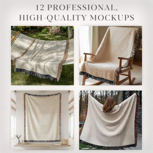 Zestaw makiet koca tkanego, szablon koca z frędzlami Printify w formacie PNG Canva, przeciągnij i upuść w Photoshopie w formacie PSD, makietę koca tkanego do sklepu Etsy zdjęcie 2