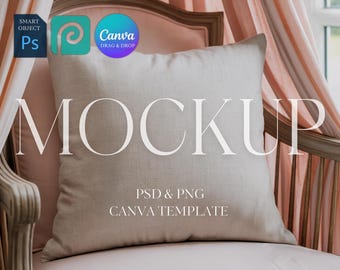 Maqueta de almohada tejida para guardería, maqueta de almohada rosa para niña, maqueta de cojín infantil POD, plantilla de Photoshop PSD, Photopea y Canva PNG