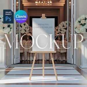 May include: A white easel with a blank sign that says "PSD & PNG CANVA TEMPLATE" in black text. The easel is in front of a white door with a view of a room with white chairs and tables. There are white flowers on either side of the door.