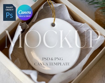 Christmas Ornament Mockup, Round Ceramic Ornament Mock Up, Print on Demand Ornament with Gold String, Photoshop Smart Object PSD, Canva PNG