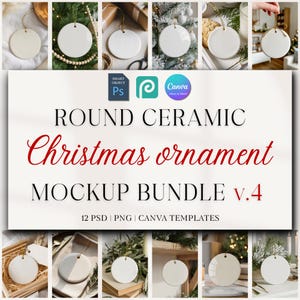 Puede incluir: Un paquete de maquetas con adornos navideños redondos de cerámica. La imagen muestra varios adornos con diferentes fondos, incluyendo vegetación y cajas de regalo. El texto en la imagen dice "ROUND CERAMIC Christmas ornament MOCKUP BUNDLE v.4".