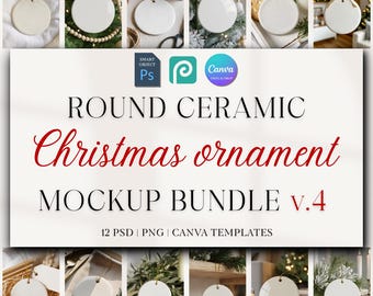 Christmas Ornament Mockup Bundle 5, Round Ceramic Ornament Mock Up, Print on Demand Ornament with Gold String, Holiday Mockups PSD Canva PNG