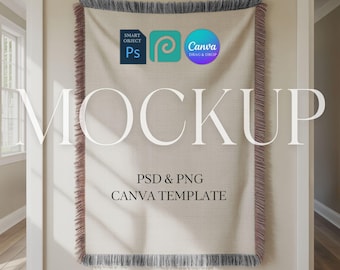Woven Blanket Mockup, Print on Demand Woven Throw Blanket Mock Up, Photopea Photoshop Smart Object PSD, Canva Template Drag & Drop PNG