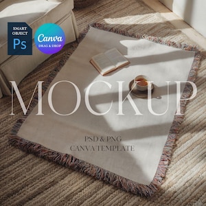 Maqueta de manta tejida, maqueta de manta tejida para tirar, maqueta de manta tejida para impresión bajo demanda, PSD de objeto inteligente de Photoshop, PNG de arrastrar y soltar de Canva