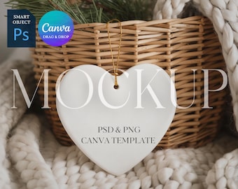 Heart Ornament Mockup, Ceramic Ornament Mock Up, Print on Demand Hanging Christmas Ornament Mockup, Photoshop Smart Object PSD, Canva PNG
