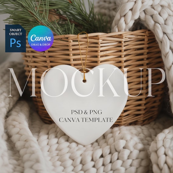 Heart Ornament Mockup, Ceramic Ornament Mock Up, Print on Demand Hanging Christmas Ornament Mockup, Photoshop Smart Object PSD, Canva PNG