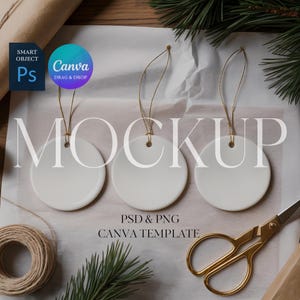 Christmas Ornament Mockup, THREE Round Ceramic Ornaments Mock Up Print on Demand Ornament with Gold String, Photoshop Smart Object PSD Canva