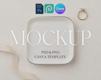Jewelry Dish Mockup, Square Ceramic Ring Dish Mock Up, Trinket Dish Mock, Photoshop Photopea Smart Object PSD, Canva Drag & Drop