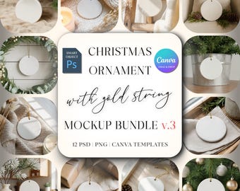Christmas Ornament Mockup Bundle 4, Round Ceramic Ornament Mock Up, Print on Demand Ornament with Gold String, Holiday Mockups PSD Canva PNG