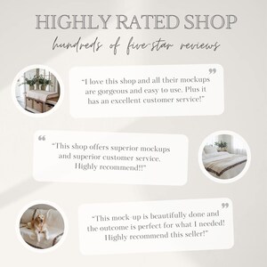 May include: A collage of three images with customer reviews for a shop selling mockups. The first image shows a white table with a white blanket and a green plant. The second image shows a bed with a white blanket and a brown throw. The third image shows a golden retriever dog sitting on a white blanket. The text in the images reads: "I love this shop and all their mockups are gorgeous and easy to use. Plus it has an excellent customer service!" "This shop offers superior mockups and superior customer service. Highly recommend!!" "This mock-up is beautifully done and the outcome is perfect for what I needed! Highly recommend this seller!"