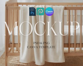 Baby Blanket Mockup, Nursery Velveteen Blanket Mock Up, POD Printify Minky Plush Blanket Mockup, Photoshop Smart Object PSD, Canva Template