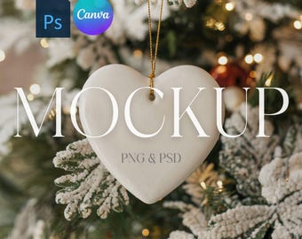 Heart Ornament Mockup, Ceramic Ornament Mock Up, Print on Demand Hanging Christmas Ornament Mockup, Photoshop Smart Object PSD, Canva PNG