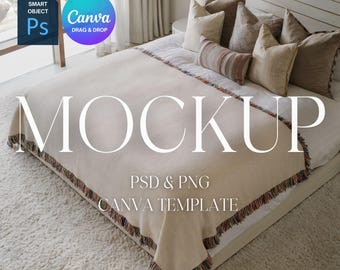 Woven Blanket Mockup, Woven Throw Blanket Mock Up, Print on Demand Woven Blanket Mockup, Photoshop Smart Object PSD, Canva Drag & Drop PNG