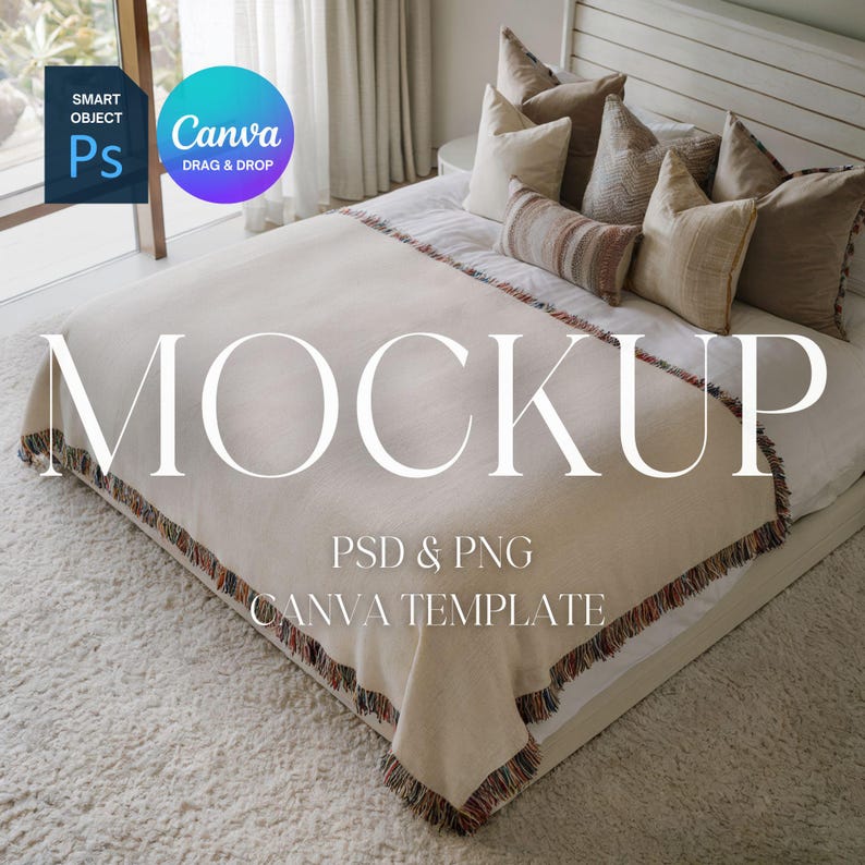 Mockup di coperta tessuta, Mockup di coperta tessuta, Mockup di coperta tessuta stampabile su richiesta, Oggetto avanzato Photoshop PSD, Canva Drag & Drop PNG immagine 1