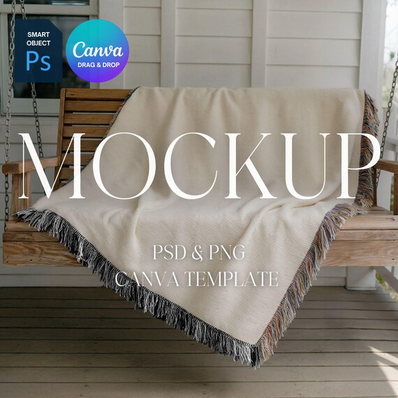 Woven Blanket Mockup With Black and White Fringe, Print on Demand Woven Throw Blanket Mock Up, Photoshop Smart Object PSD, Canva Drag & Drop