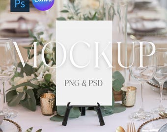 Wedding Table Number Mockup, Reception Table Sign Mock Up, Vertical Easel Sign,  Photoshop Mockup Smart Object PSD, Canva PNG Transparent