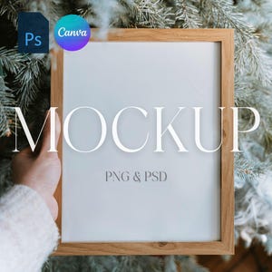 Christmas Frame Mockup, Holiday Wall Art Mock Up, Winter Framed Photo Mockup, Natural Frame Mockup, Photoshop Smart Object PSD, Canva PNG image 1