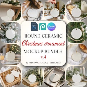 Op de afbeelding: Een mockup-bundel met ronde keramische kerstversieringen. De witte ornamenten hebben een gat om op te hangen. De afbeelding bevat de tekst "ROUND CERAMIC Christmas ornament MOCKUP BUNDLE v.4".