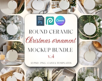 Christmas Ornament Mockup Bundle 5, Round Ceramic Ornament Mock Up, Print on Demand Ornament with Gold String, Holiday Mockups PSD Canva PNG