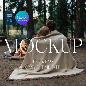 Couple Woven Blanket Mockup, Woven Throw Blanket Mock Up, Print on Demand Woven Blanket Mockup, Photoshop Smart Object PSD Canva Drag & Drop