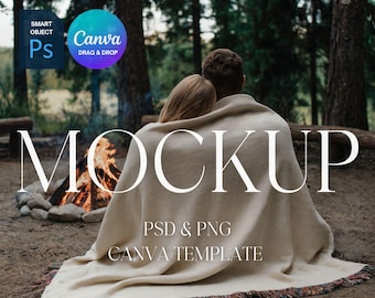 Couple Woven Blanket Mockup, Woven Throw Blanket Mock Up, Print on Demand Woven Blanket Mockup, Photoshop Smart Object PSD Canva Drag & Drop