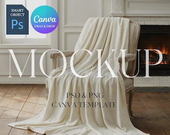 May include: A cream-colored blanket draped over a vintage armchair. The blanket is soft and plush, with a subtle texture. The word "MOCKUP" is displayed in large letters across the image, with "PSD & PNG CANVA TEMPLATE" below. A fireplace is in the background.