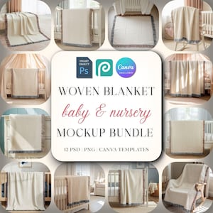 Op de afbeelding: Een mockup-bundel met geweven babydekens in verschillende omgevingen. De dekens zijn crèmekleurig met een gefranjerde rand. De tekst "WOVEN BLANKET baby & nursery MOCKUP BUNDLE" wordt weergegeven met softwarelogo's en bestandsinfo.