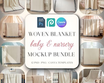 Woven Blanket Mockup Bundle, Baby Nursery Mock up, Printify Throw Blanket PNG Canva Template Drag & Drop, Photoshop PSD Photopea Mockups