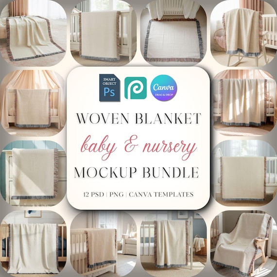 Woven Blanket Mockup Bundle, Baby Nursery Mock up, Printify Throw Blanket PNG Canva Template Drag & Drop, Photoshop PSD Photopea Mockups