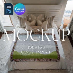 Woven Blanket Mockup, Woven Throw Blanket Mock Up, Print on Demand Woven Blanket Mockup, Photoshop Smart Object PSD, Canva Drag & Drop PNG