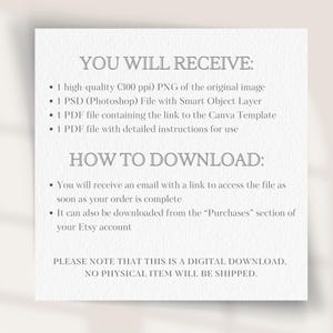 May include: A white paper with text detailing digital download contents and instructions. The text includes: high-quality PNG, PSD file, Canva template link, and download instructions. It also states that no physical item will be shipped.