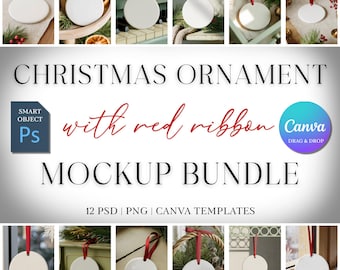 Christmas Ornament Mockup Bundle, Round Ceramic Ornament Mock Up, Print on Demand Ornament with Red Ribbon, Holiday Mockups PSD Canva PNG