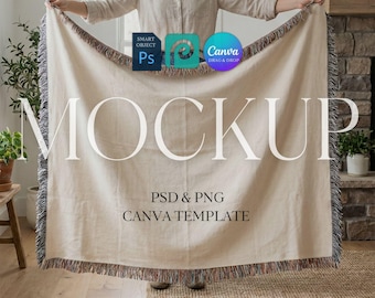 Woven Blanket Mockup, Print on Demand Woven Throw Blanket Mock Up, Photopea Photoshop Smart Object PSD, Canva Template Drag & Drop PNG