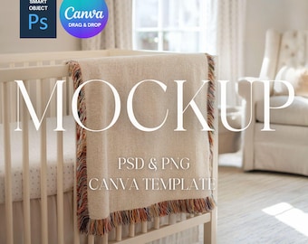 Baby Woven Blanket Mockup, Kids Woven Throw Blanket Mock Up, POD Woven Blanket Mockup, Photoshop Smart Object PSD, Canva Drag & Drop PNG