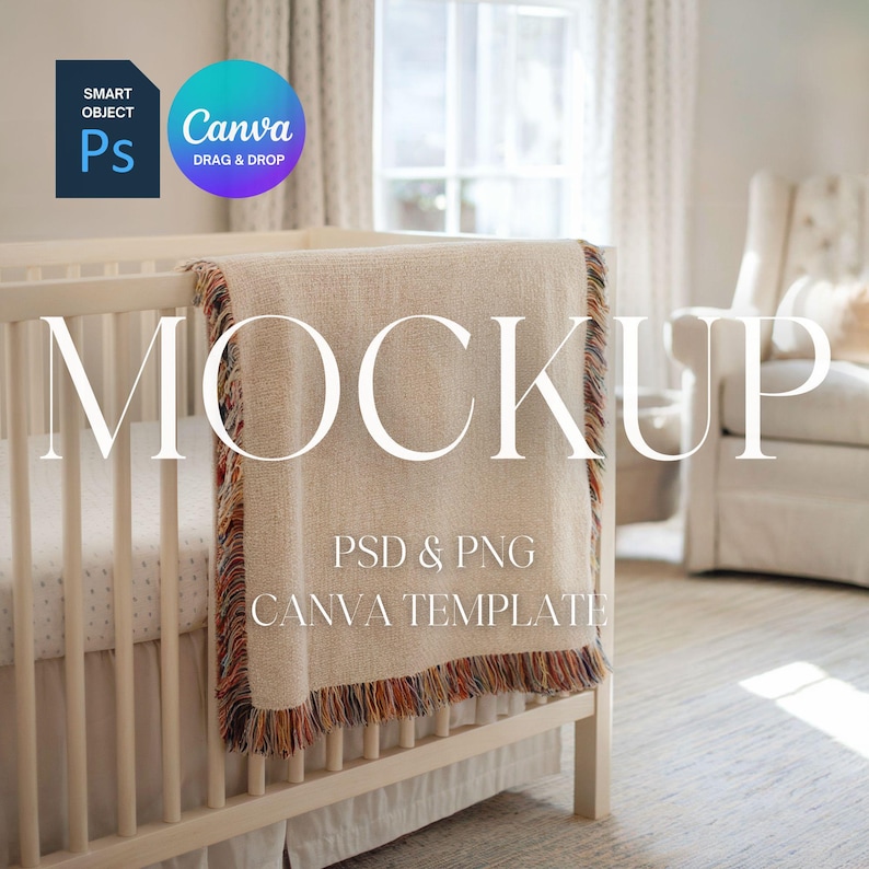 Baby Woven Blanket Mockup, Kids Woven Throw Blanket Mock Up, POD Woven Blanket Mockup, Photoshop Smart Object PSD, Canva Drag & Drop PNG image 1
