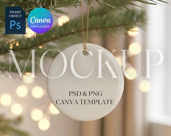 Christmas Ornament Mockup, Round Ceramic Ornament Mock Up, Print on Demand Ornament with Gold String, Photoshop Smart Object PSD, Canva PNG