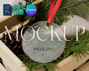 Christmas Ornament Mockup, Clear Acrylic Ornament with Red Ribbon, Round Glass Circle Ornament Mockup for Photopea & Photoshop PSD Canva PNG