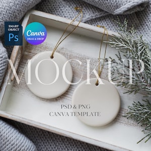 Christmas Ornament Mockup, TWO Round Ceramic Ornaments Mock Up, Print on Demand Ornament with Gold String, Photoshop Smart Object PSD Canva