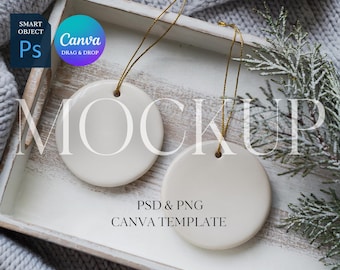 Christmas Ornament Mockup, TWO Round Ceramic Ornaments Mock Up, Print on Demand Ornament with Gold String, Photoshop Smart Object PSD Canva