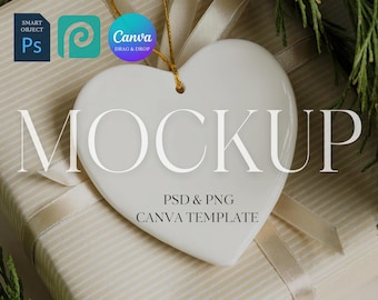 Heart Ornament Mockup, Ceramic Ornament Mock Up, Print on Demand Hanging Christmas Ornament Mockup, Photoshop Smart Object PSD, Canva PNG