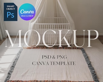 Baby Woven Blanket Mockup, Kids Woven Throw Blanket Mock Up, POD Woven Blanket Mockup, Photoshop Smart Object PSD, Canva Drag & Drop PNG
