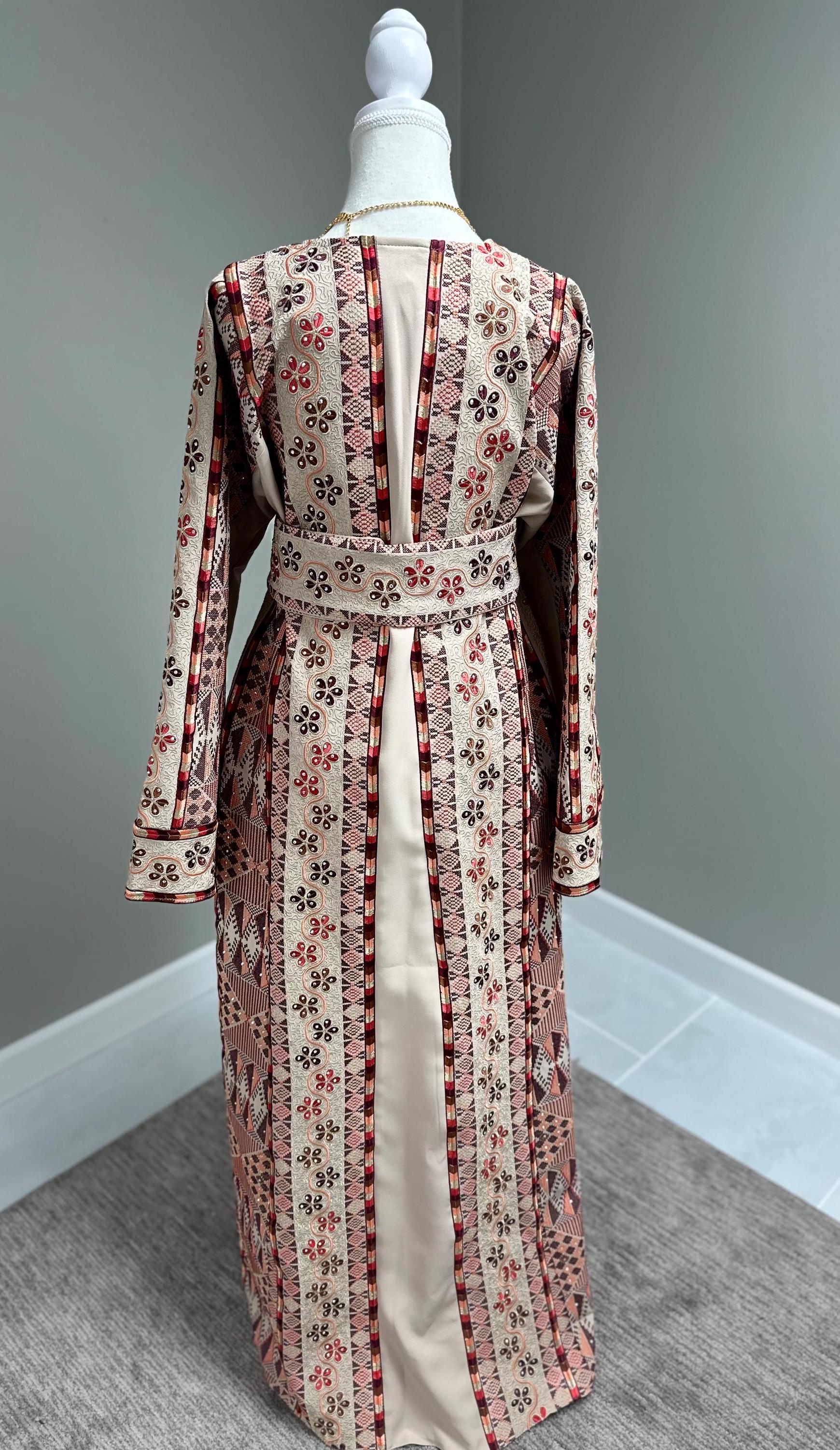 White/Green/Red Satin Malaka Thobe